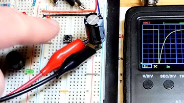 Quick RC time constant of charging capacitor schematic to breadboard build and oscilloscope