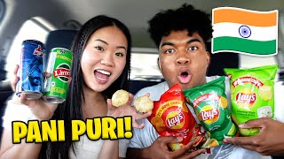 COUPLES TRY INDIAN SNACKS FOR THE FIRST TIME! (PANI PURI, INDIAN LAYS, THUMS UP & LIMCA) *PART 8*
