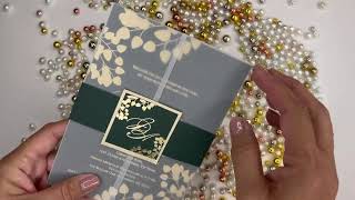 Simple and Elegant emerald green wedding invitation with gold foil printing.