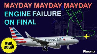 MAYDAY. Engine failure on final at Phoenix Sky Harbor. American Airbus A319 engine problem. Real ATC