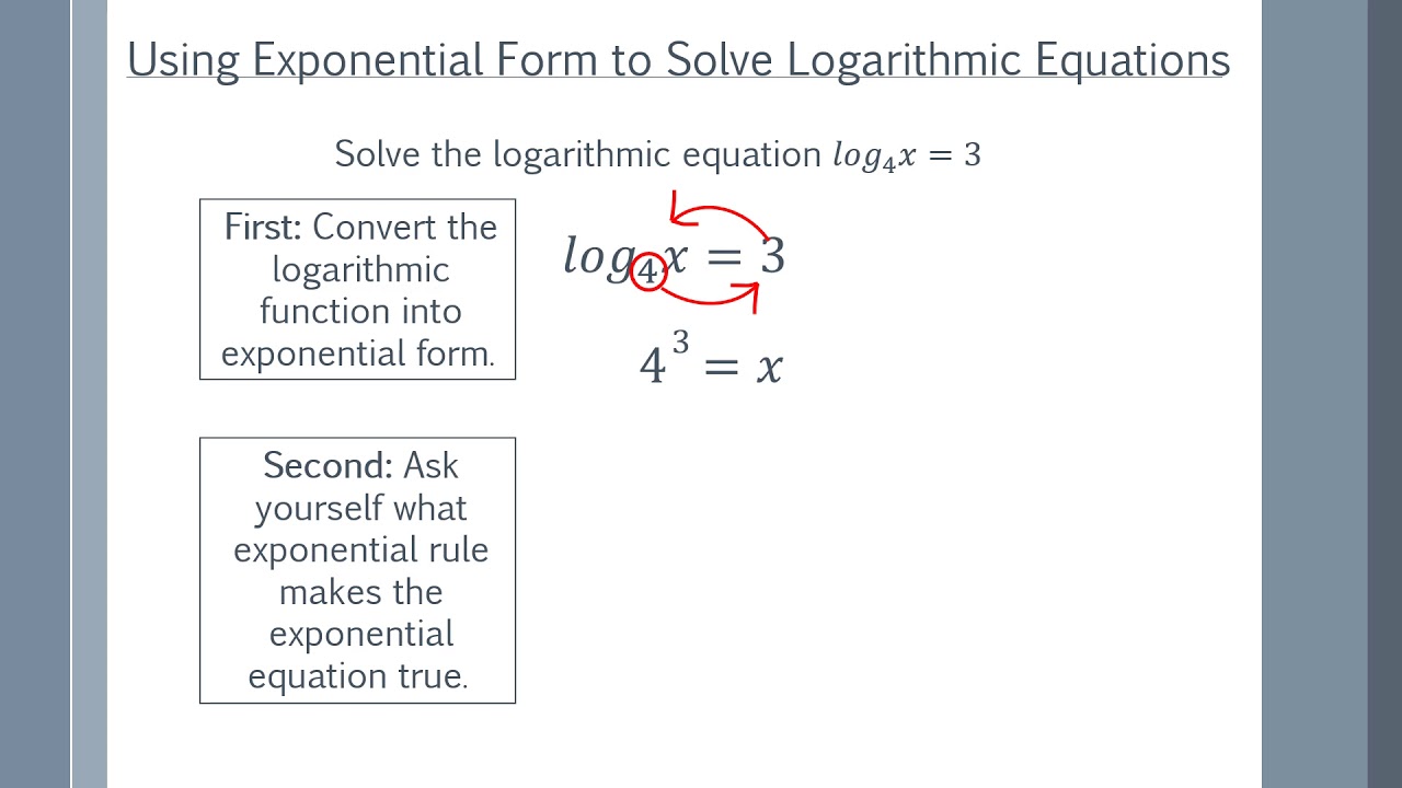 Using Exponential Form to Solve Logarithmic Equations Slide 2 - YouTube