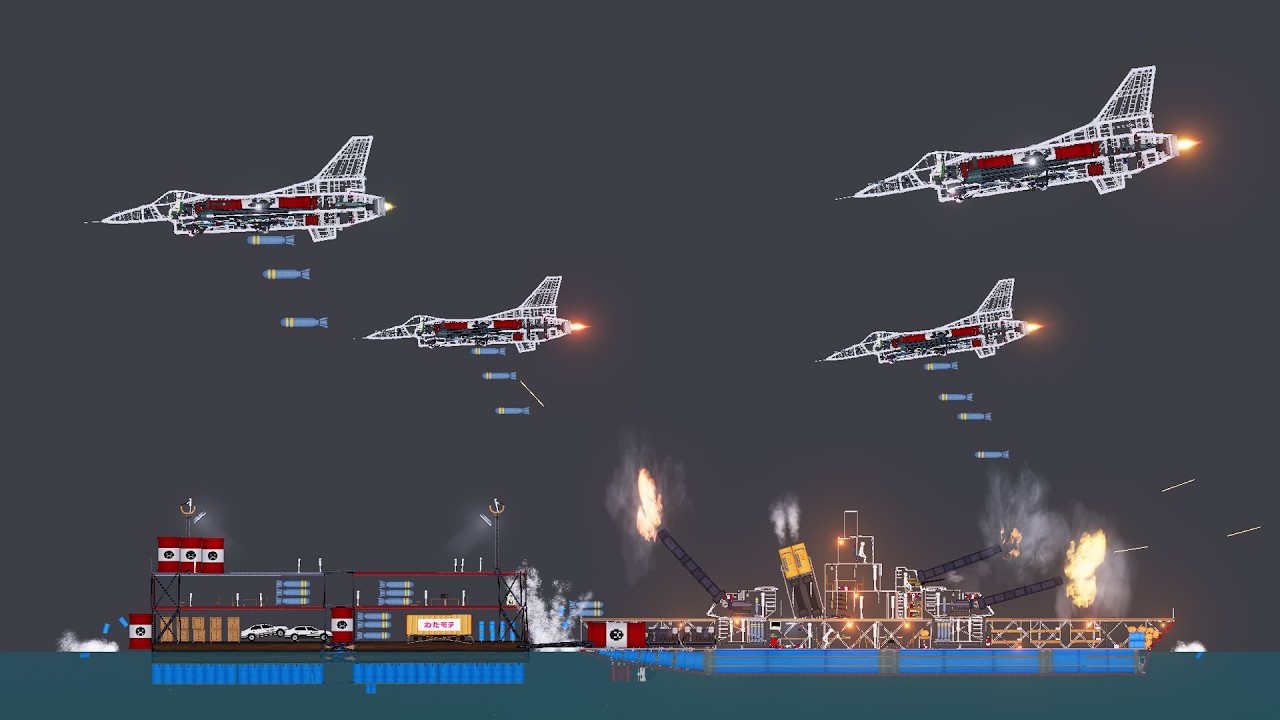 F-16 and Helicopters attack warships in People Playground
