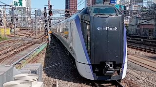 [2つの特急新宿入線!] E353系特急かいじ6号5106M東京行MH鳴らして7番線へ、100系特急スペーシア日光送り込み回送奥の6番線へ入線 (ジョイント音付き♪) 2023,5/5