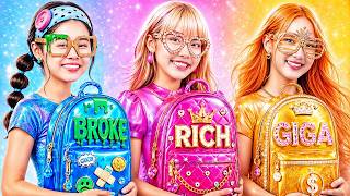 Broke Blue Vs Rich Pink Vs Giga Rich Yellow At School! Useful Tips And Tricks At School