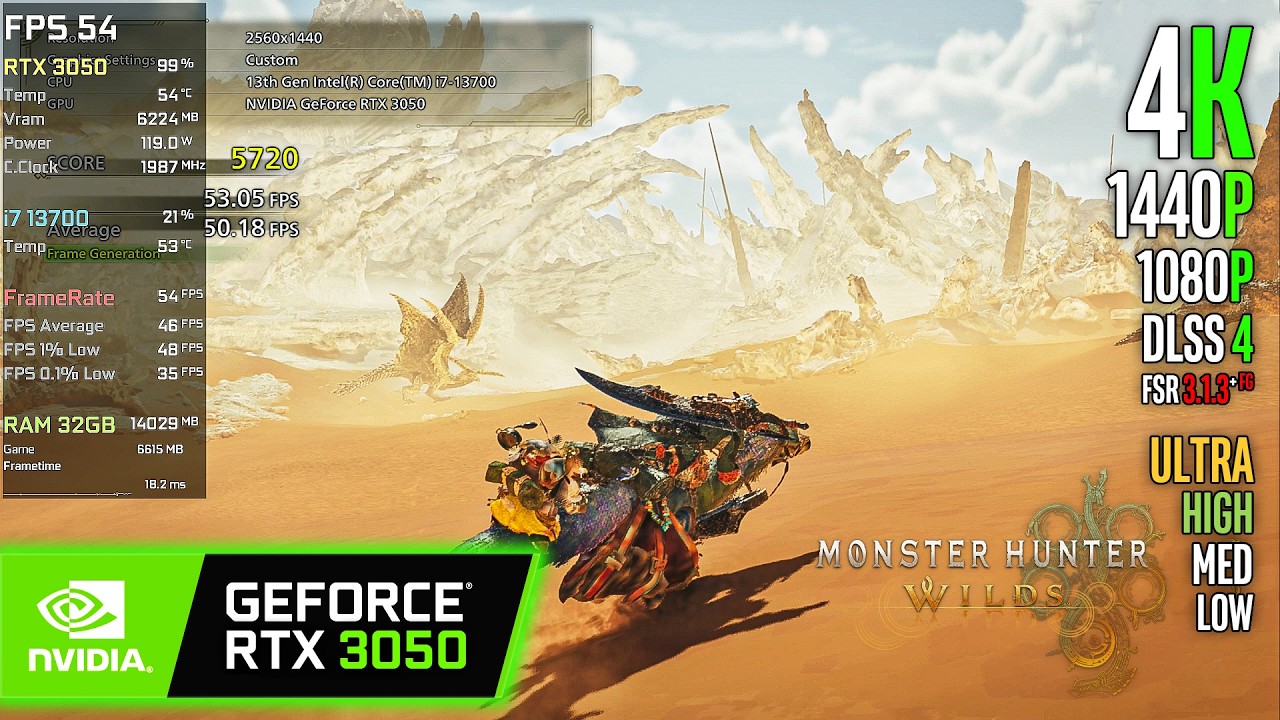 RTX 3050 | Monster Hunter Wilds - 4K, 1440p, 1080p, DLSS 4, FSR 3.1.3 ...