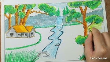 Vẽ tranh phong cảnh quê hương đơn giản-  How to draw a Waterfall -