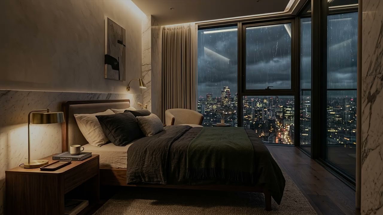 Soft City Rain 🌧️ Seen From A Luxury Bedroom Window High Above The Quiet Streets 🏙️