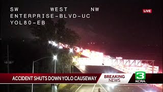 Eastbound I-80 in Yolo County closed due to overturned vehicle