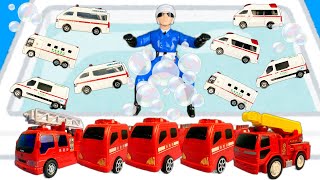 はたらくくるま 消防車のお風呂屋さん 白バイ パトカーが入りに