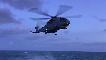 Merlin Mk2 Helicopter lands on board HMS Sutherland.