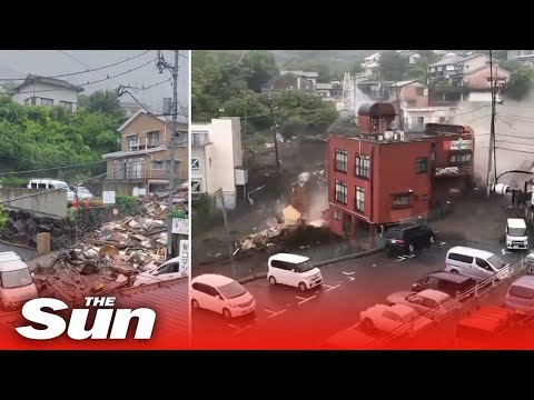 Shocking moment horrifying landslide buries everything in its path in Atami, Japan