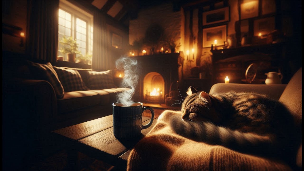English Cottage Sleep ASMR 🕯️ Fireplace Crackling & Cat Purring | Deep ...