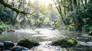 Cozy Serene Forest Stream | Blooming Branches & Soft Morning Light | Calming Nature Scenery screenshot 1