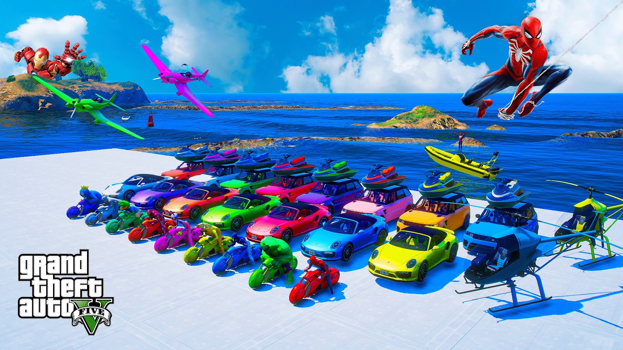 GTA V Mega Race Challenge: Spider-Man vs Iron Man on Supercars, Planes, Boats and Motorcycles