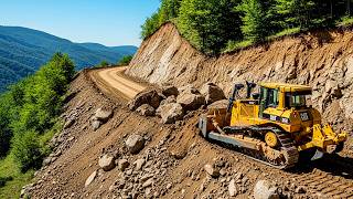 Skilled Bulldozer Operation Using Advanced Technique on Extreme Mountain Road Construction
