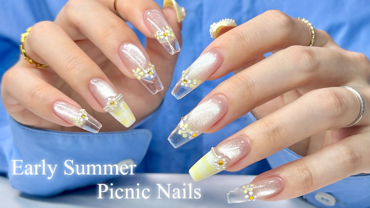 【セルフネイル】初夏のギンガムチェック☀️お花畑ピクニックネイル🌼🧺/ジェルネイル