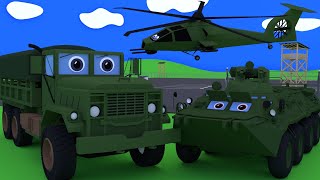 Truck Tim and tour on the military base. Meet a tank, an armored carrier, jeep. Car cartoons.