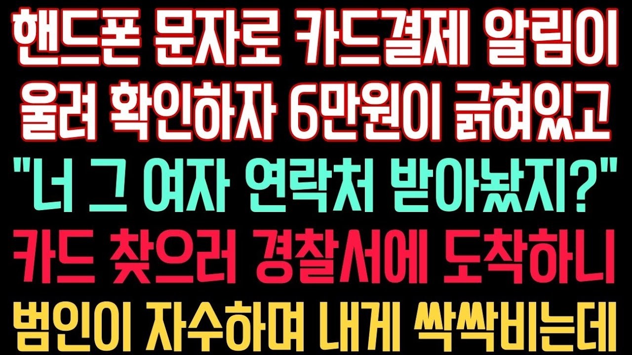 핸드폰 문자로 카드결제 알림이 울려 확인하자 6만원이 긁혀있고 “너 그 여자 연락처 받아놨지 ” 카드 찾으러 경찰서에 급히가니 범인이 자수하며 내게 싹싹비는데