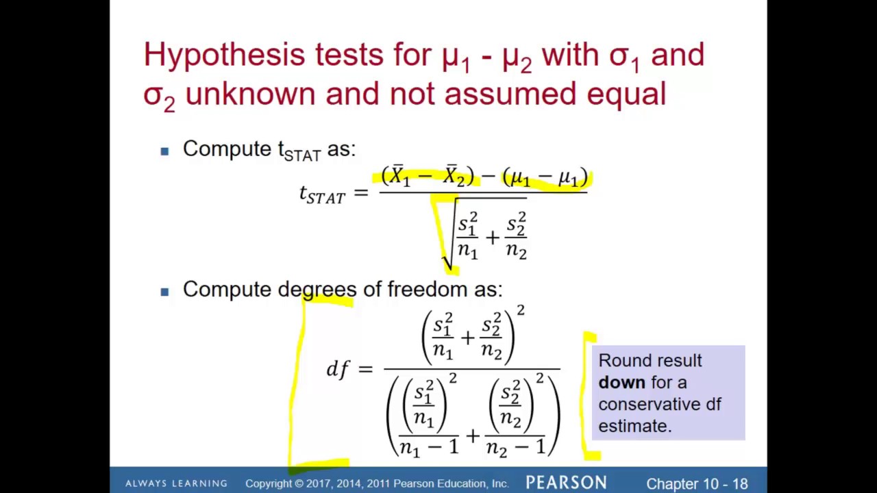 Ch 10 Independent Samples With Unequal Variances YouTube