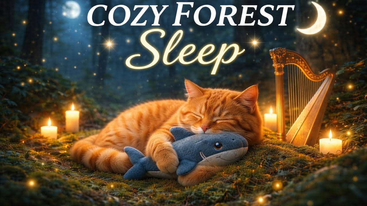 Cozy Forest Sleep 🌙 | Soft Harp Music with Cat & Sharky (1 Hour Deep Relaxation)