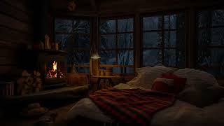 Snow Storm and Breathtaking View from the Bed in a Cozy Cabin, Crackling Fire & Wind Sound - Winter