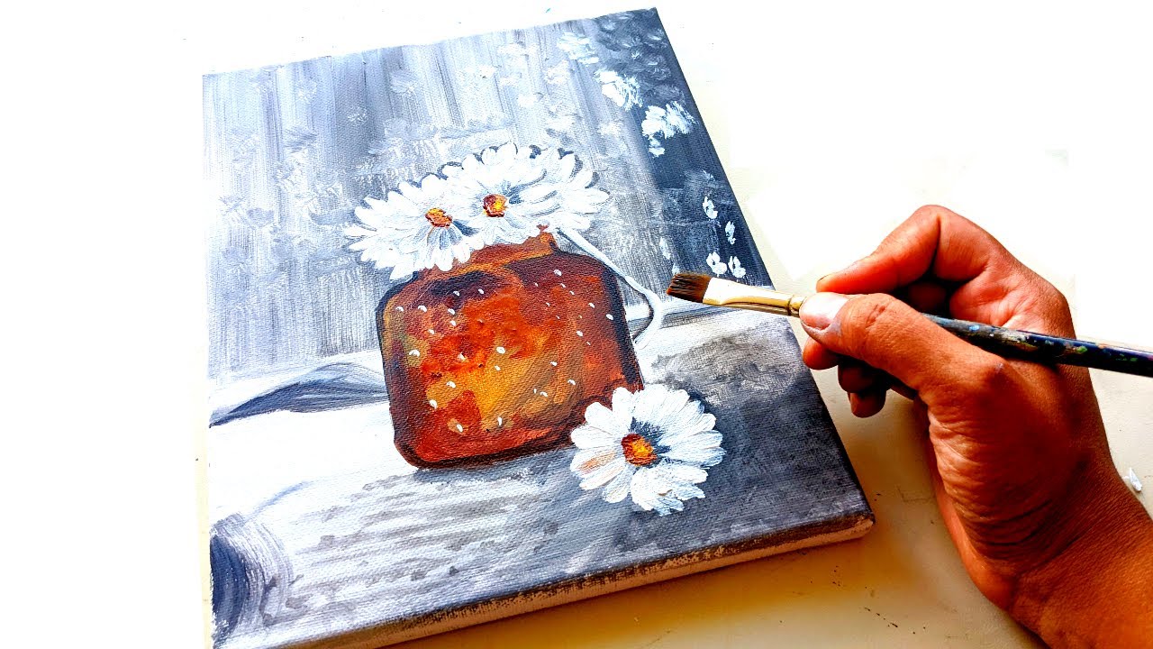 Daisies in a flower Vase | Still life - Acrylic painting for beginners ...