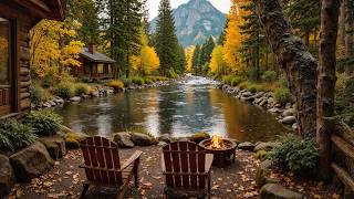 Beautiful Autumn Piano Music Riverside Cabin 🍂🔥 Flowing River, Campfire & Peaceful Nature Sounds