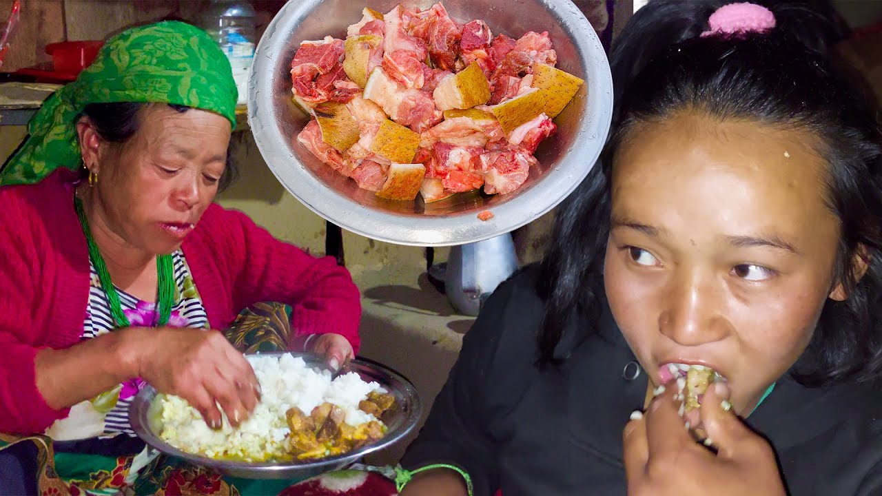 Boiled Pork curry recipe with rice in village kitchen Nepali Village