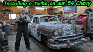 Pulling our 1954 Chevy back in and test fitting our ebay turbo.