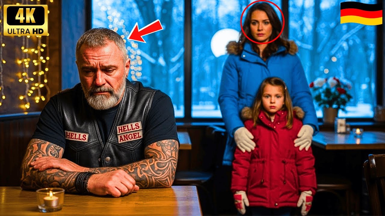 Trauriger Hells Angel sitzt an Heiligabend allein, bis eine Mutter mit Tochter den Raum betritt