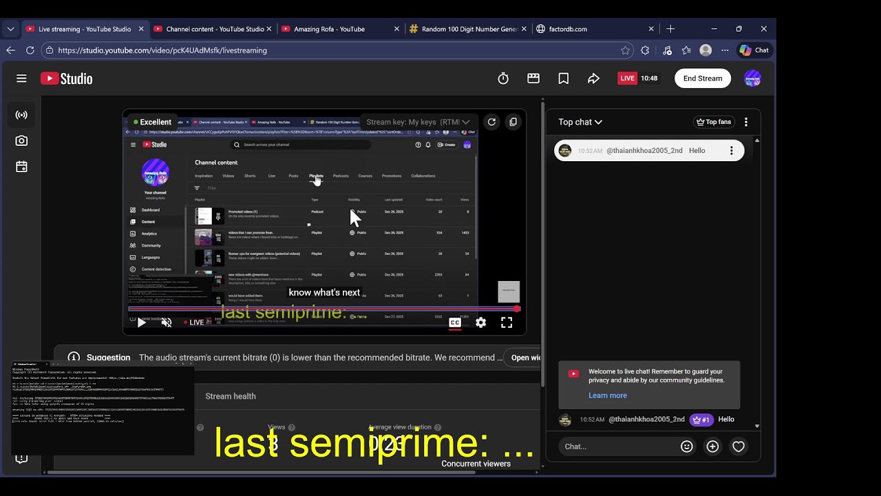 Factoring random numbers! Part 11, semiprime reached: 0. (Please do not leave this livestream.)