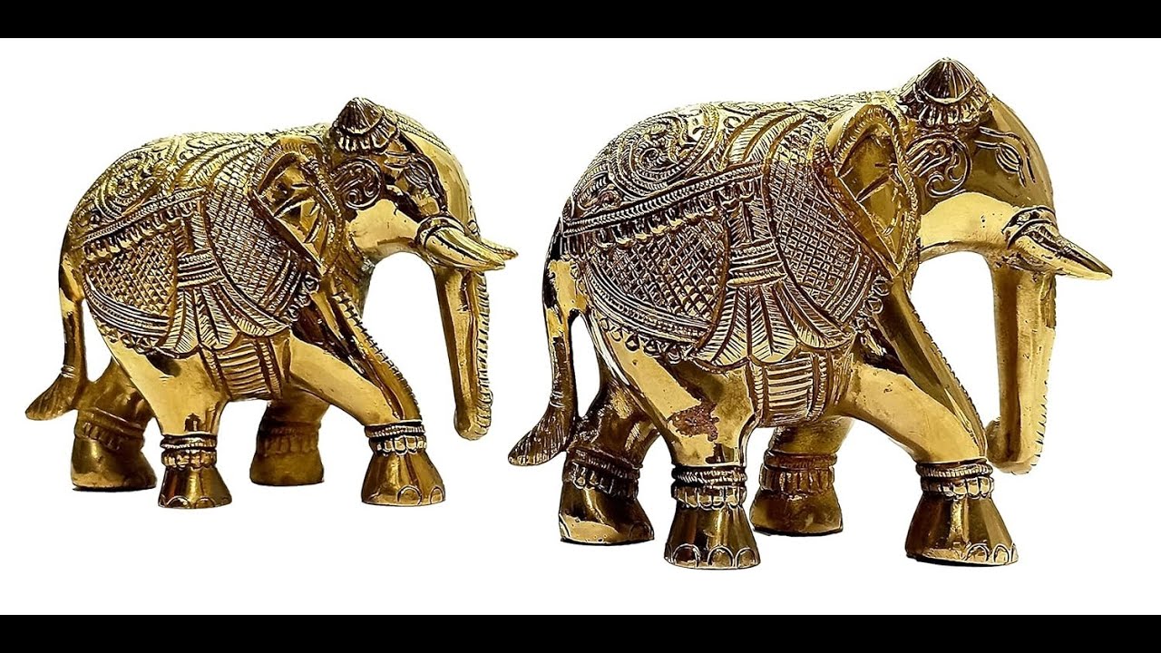 athizay Brass Elephant statue Set of 2 Gold Finish Intricate Carving