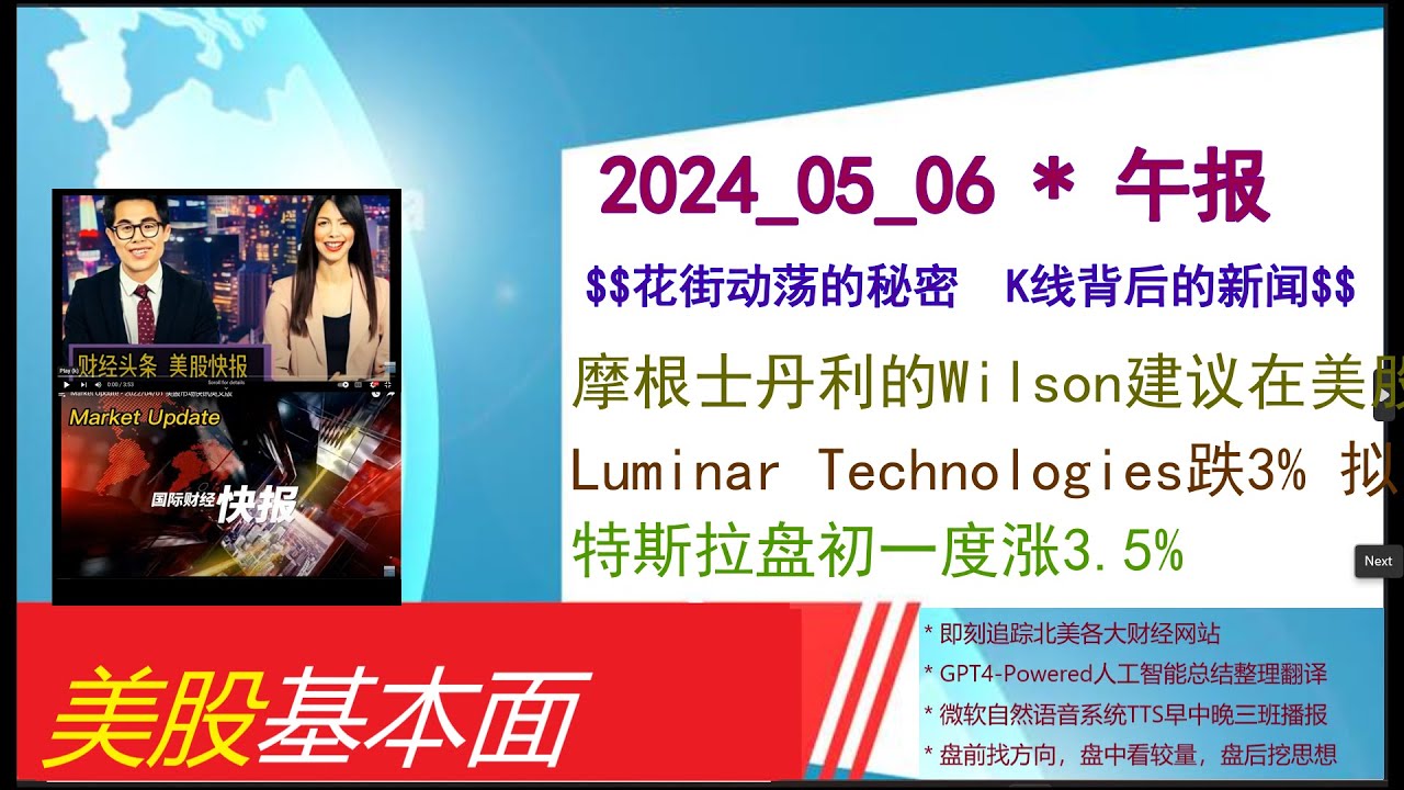 美股基本面- 2024_05_06 * 午报* 摩根士丹利的Wilson建议在美股波动中押注防御类股票。Luminar Technologies跌3%  拟申请增发并裁员20%。特斯拉盘初一度涨3 - YouTube