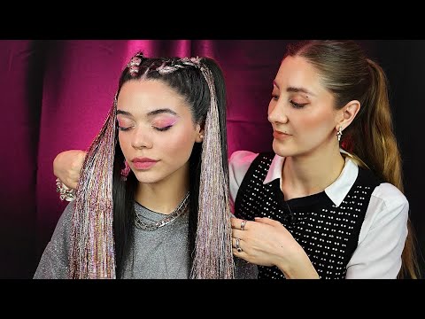 ASMR Coachella Festival Hairstyling | Tinsel Pull Trough Braids, Hair Part, Hair Brush, Total Look