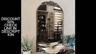 Antique Wall Mirror Vintage Baroque Arched Brass Mirror with Flower Relief Metal Edge Frame Decor fo