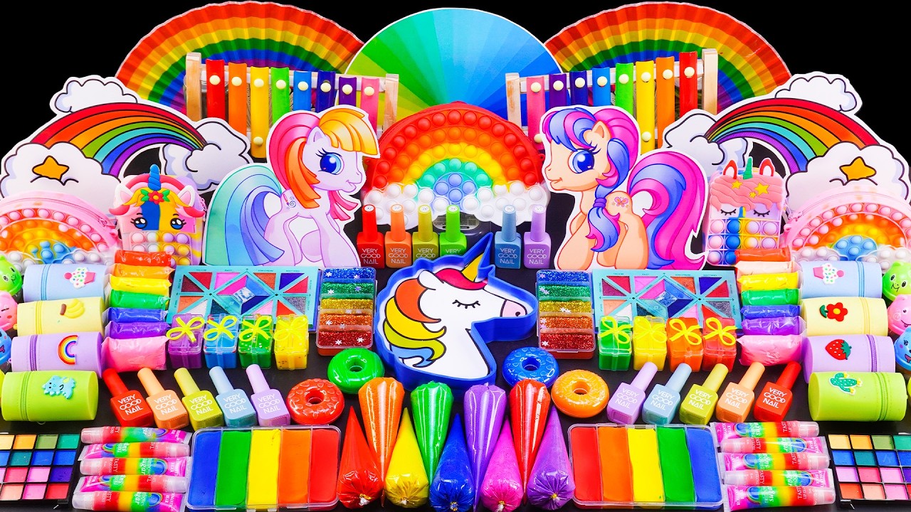 Rainbow Unicorn Slime ASMR | Mixing Makeup Into Rainbow Slime | Shiny Things Into Slime