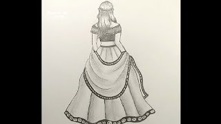 Cómo dibujar una niña con hermoso lehenga / boceto a lápiz de una niña