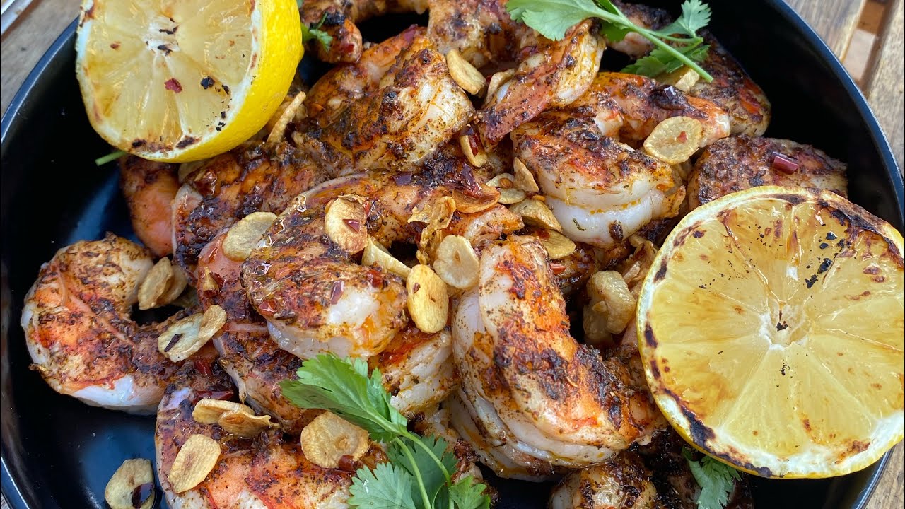 Jumbo grilled shrimp with crispy garlic chips on the nomad grills YouTube