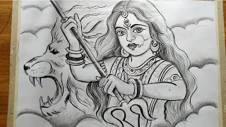 how to draw maa durga face & lion pencil sketch drawing for beginners step by step,maa durga drawing screenshot 5