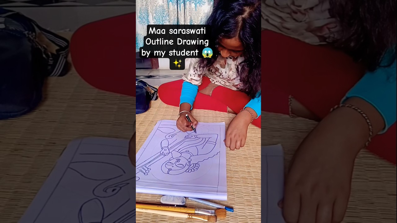 Easy Saraswati Outline Drawing by my student 😱✨ 