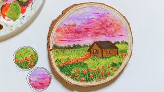 Easy Landscape Acrylic Painting on Wood Slice || Step by Step for Beginners screenshot 5