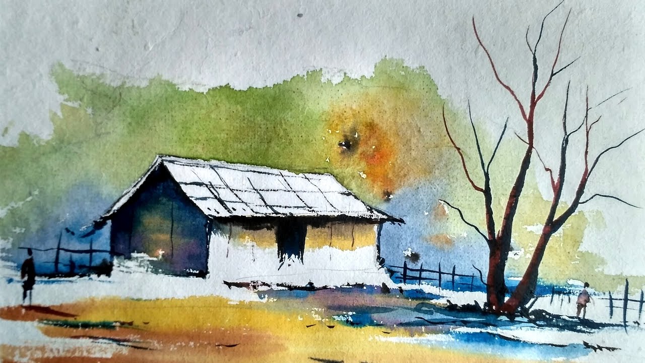 Watercolor Painting For Beginners Village House Landscape Tutorial