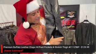 C1125BP = Premium Buffalo Leather Chaps W/Pant Pockets & Stretch Thigh