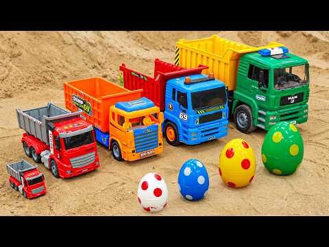 Colorful Dump Trucks and Giant Surprise Eggs on the Sand | Fun Toy Cars Collection