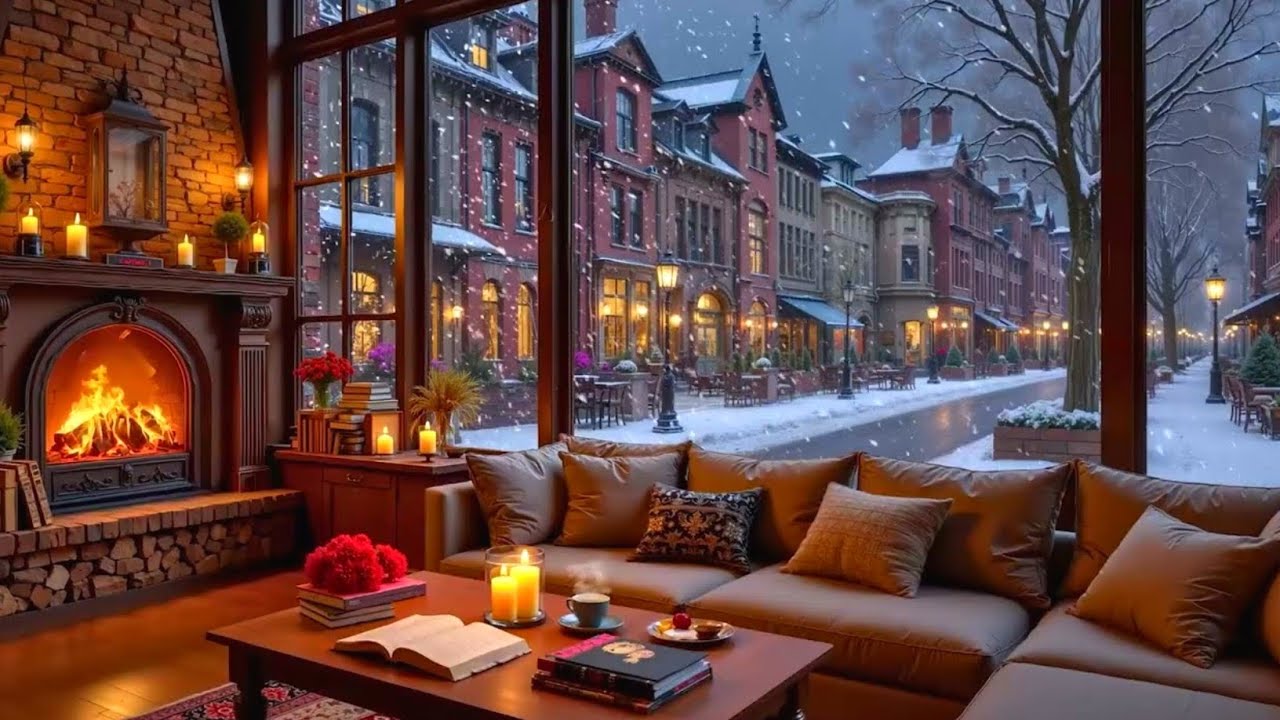 Deep Winter Night Jazz ❄️ Snowy Coffee Atmosphere & Cozy Fireplace Sounds for Studying and Focusing