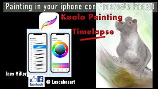 Procreate Pocket Digital painting Koala on tree trunk Timelapse- App iPhone to  draw and illustrate