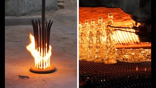 Blowing glass bottles with unique designs 🔥 #crafts #art