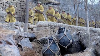 During a village sweep,Japanese army faced a mine-infested area,causing fear due to the explosions.