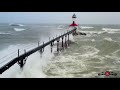 50 mph winds huge storm surge  waves michigan city lighthouse drone 4k beaches gone