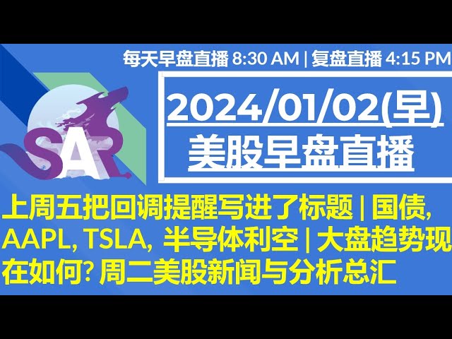 美股直播01/02[早盘] 上周五把回调提醒写进了标题 | AAPL, TSLA,  半导体利空 | 大盘趋势现在如何? 周二美股新闻与分析总汇